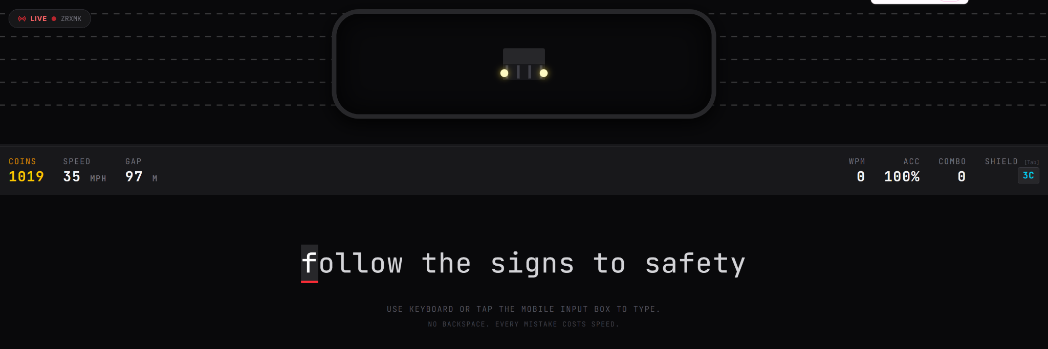Typing Escape gameplay with a truck approaching in the rear-view mirror