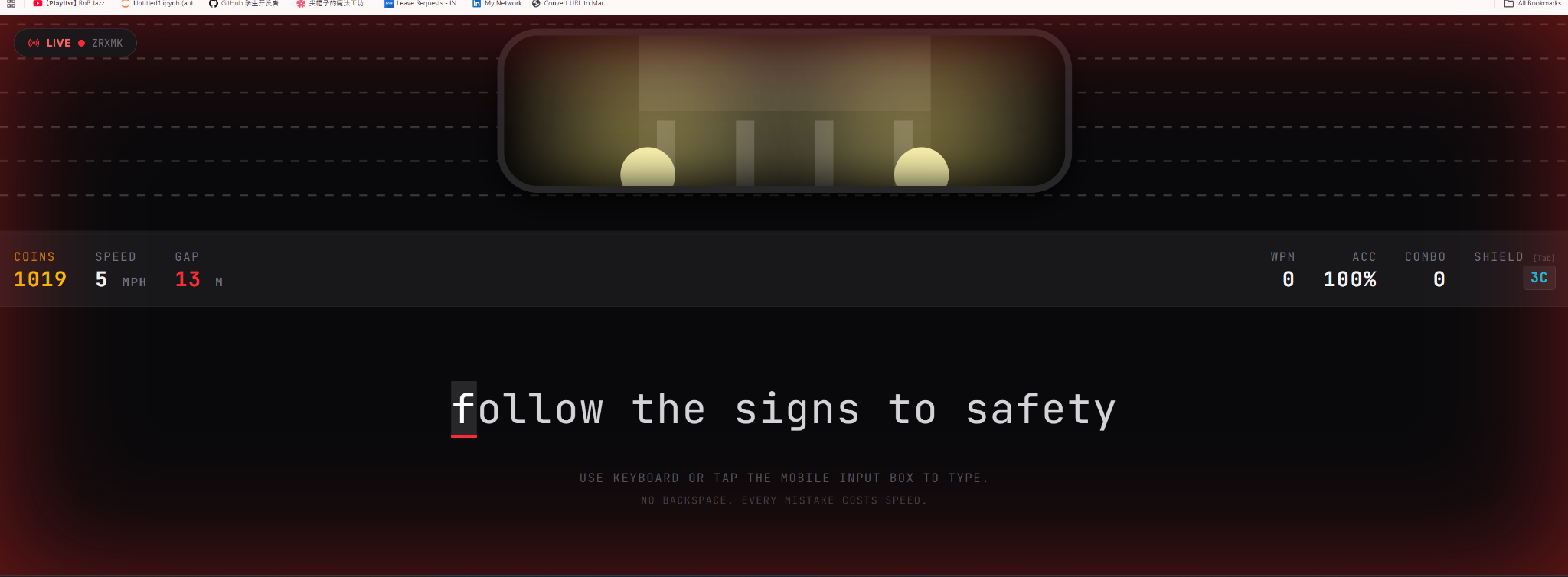 In-game phrase, speed, distance, accuracy and rear-view truck display