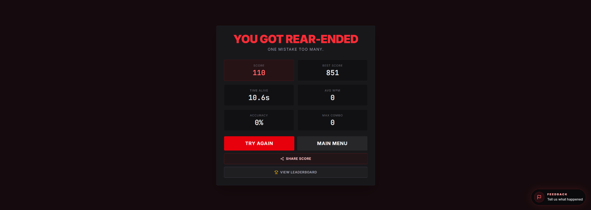 Typing Escape result screen with score and survival metrics